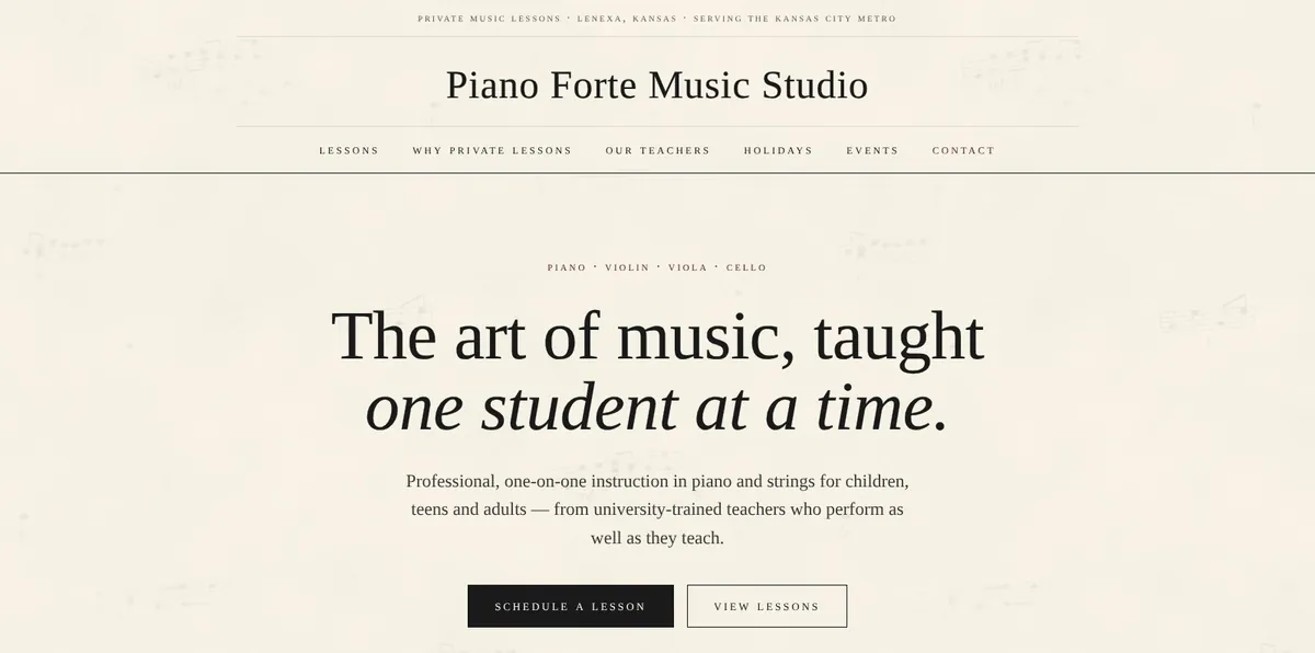 Redesigned Piano Forte Music Studio homepage