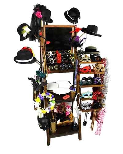 The Looking Glass prop trunk: hat rack and prop stand loaded for an event