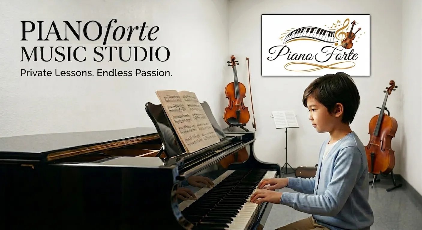 A young student playing a grand piano in the Piano Forte Music Studio, with a violin and cello in the background